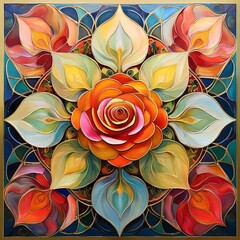 Ein farbenfrohes Kaleidoskop aus Blumen, deren Bl&uuml;tenbl&auml;tter zu einem kunstvollen Mandala in leuchtenden &Ouml;lfarben geformt sind.