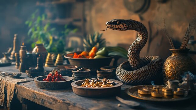 Mystical Snake and Ritualistic Offerings Table Setting