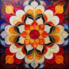 Ein farbenfrohes Kaleidoskop aus Blumen, deren Blütenblätter zu einem kunstvollen Mandala in leuchtenden Ölfarben geformt sind.