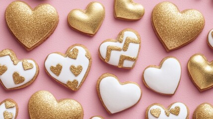 Obraz premium Valentine's Day Cookies with Gold Glitter Sweet Treats Festive Kitchen Colorful Background Heart Shapes