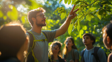 A teacher leading a group of children on a nature walk, explaining the plants and animals around them, with the students listening attentively in a bright, outdoor setting
