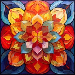 Ein farbenfrohes Kaleidoskop aus Blumen, deren Bl&uuml;tenbl&auml;tter zu einem kunstvollen Mandala in leuchtenden &Ouml;lfarben geformt sind.