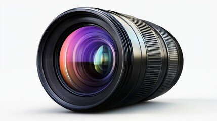 Professional Camera Lens Reflecting Light on White Background