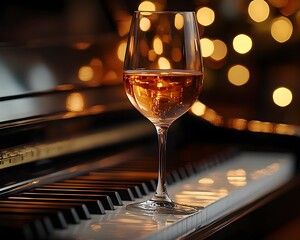 Elegant Wine Glass Balanced on Sophisticated Piano with Soft Moody Lighting
