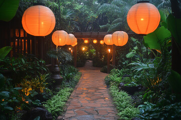 Illuminated Pathway Through Lush Tropical Garden
