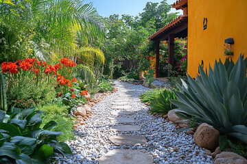 A Stone Pathway Through A Vibrant Tropical Garden