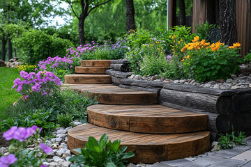 Wooden Steps Winding Through a Beautiful Garden Landscape