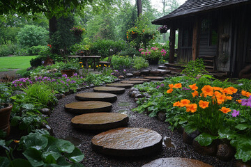 Stone Pathway Leads to Rustic Garden Cottage