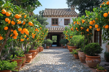 Orange Trees Line Pathway To Mediterranean House