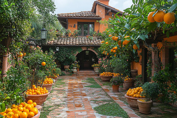 Orange Trees Line Courtyard Path To Mediterranean Home