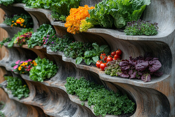 Vertical garden showcasing diverse plants and vegetables