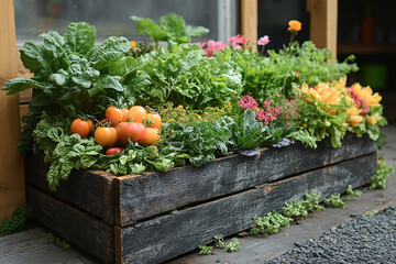Vibrant Vegetable Garden Planted In A Rustic Wooden Box