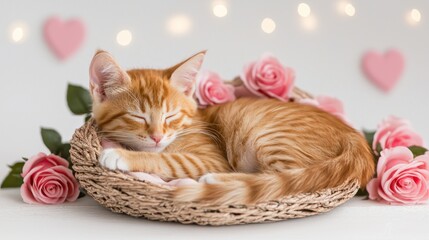 A sleeping orange kitten nestled in roses, creating a serene scene.