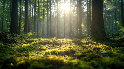 Obraz premium serene forest scene with sunlight filtering through trees, illuminating lush green moss on ground, creating peaceful and tranquil atmosphere