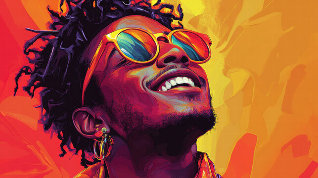 Colorful illustration of smiling person with sunglasses, showcasing vibrant hues and joyful expression, perfect for conveying happiness and positivity