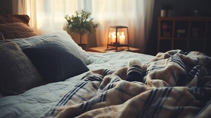 A warm bed with a soft pillow arrangement, wool socks, and a flannel blanket makes the ideal winter retreat.