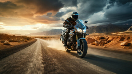 Motorcycle Adventure on a Dusty Desert Road at Sunset