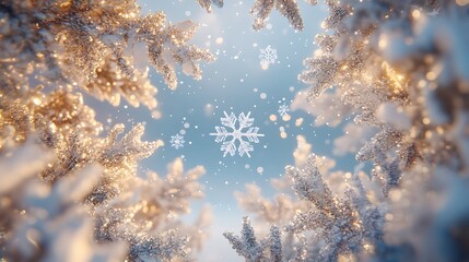 Snowflakes floating across a beautiful icy winter backdrop with clear space at the center for festive messages