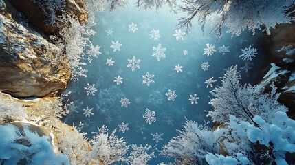 Snowflakes floating across a beautiful icy winter backdrop with clear space at the center for festive messages
