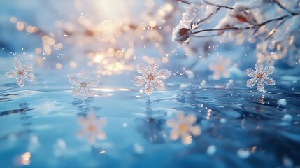 Snowflakes floating across a beautiful icy winter backdrop with clear space at the center for festive messages