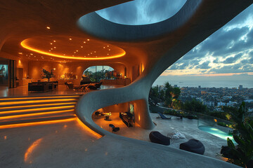 Modern Concrete House With Ocean View At Dusk