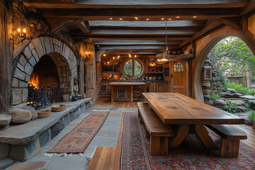 Rustic Wooden Kitchen With Stone Fireplace And Round Window