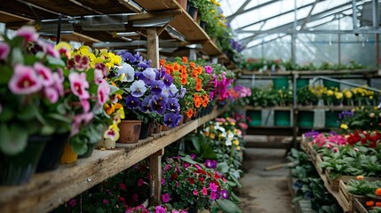 Beautiful blooming flowers in the greenhouse. Gardening concept.