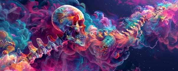 Naklejka premium A colorful abstract skull and spine with flowing smoke-like colors creating a surreal and psychedelic style