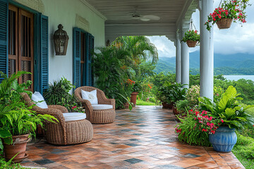 Fototapeta premium Tranquil Porch Overlooking Serene Lakeside Mountain View