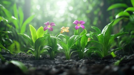 Naklejka premium Vibrant flowers amidst lush green foliage in a serene environment.