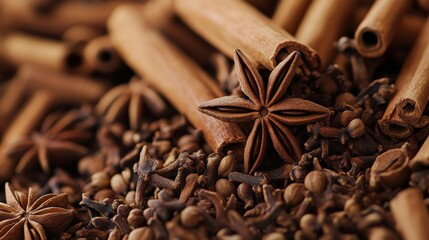 Warm and rustic spice composition featuring cinnamon sticks, star anise, and cloves sprinkled on a mound of aromatic cinnamon powder and whole cloves, perfect for seasonal cooking, baking, and holiday