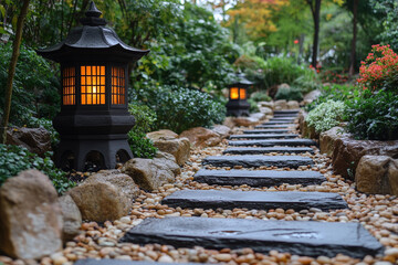 Illuminated Pathway Through Serene Asian Garden Landscape