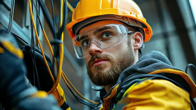 An urban worker wearing protective gear is industrious and focused while working on electrical cables.