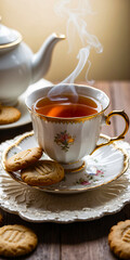 Fototapeta premium Cup of tea with biscuits on a wooden table next to a teapot in a cozy setting
