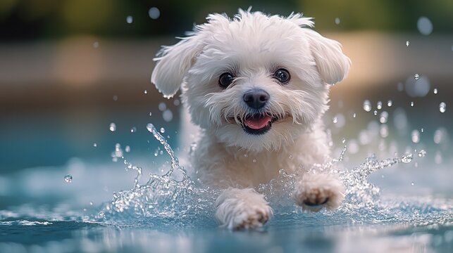 Bichon Frise happily splashing in a shallow puddle on a sunny day