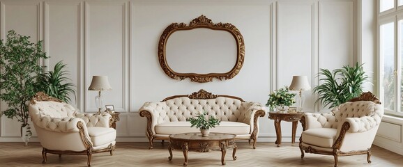 Elegant living room with antique furniture, mirror, and plants.