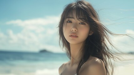 Naklejka premium 浜辺でドレスを着た日本人美女