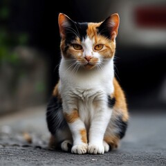 A calico cat sits confidently on a road, showcasing its distinctive fur pattern of orange, black, and white, with a curious yet relaxed expression.