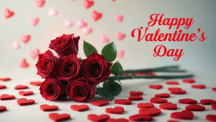 Red roses and hearts lie on a white surface with falling hearts and the text happy valentine's day creating a romantic valentine's day scene