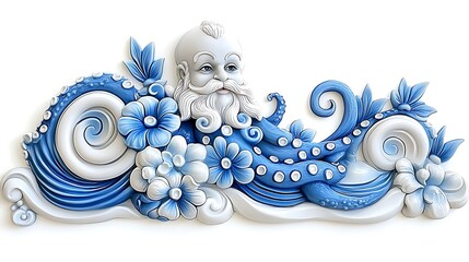 Obraz premium Blue White Octopus with Old Man Relief Sculpture