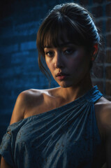 Studio portrait of a beautiful young japanese woman posing with a blue dress against a brick wall background