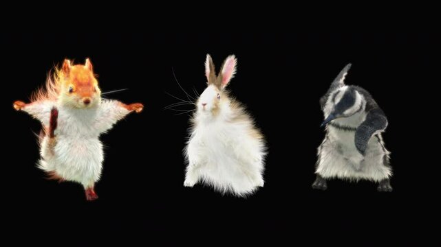penguin Rabbit squirrel Dancing CG fur. 3d rendering, animal realistic CGI VFX, Animation Loop, composition 3d mapping cartoon, Included in the end of the clip with luma matte.