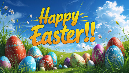 Decorated easter eggs lying in the grass with daisies and the text happy easter.. Superimposed on a blue sky