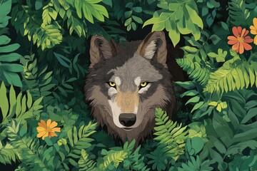 A Wolf Peers From Lush Green Foliage