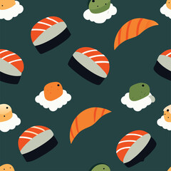 

A vibrant seamless pattern featuring sushi rolls, sashimi slices, wasabi, and soy sauce. Perfect for textiles, wallpapers, or packaging with a Japanese culinary theme.