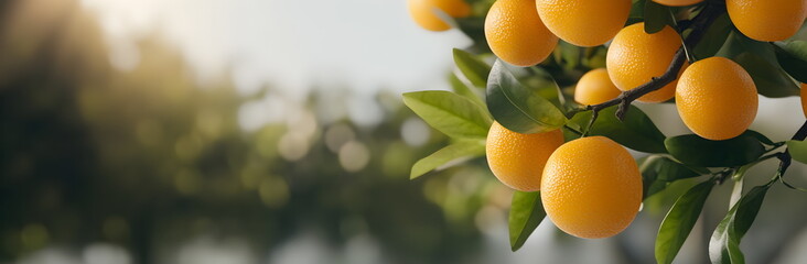 Close up of orange fruits in orange farm.Horizontal banner copyspace