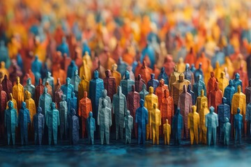 Fototapeta premium large crowd of diverse people depicted in intricate paper craft origami style symbolizing overpopulation and societal diversity with vibrant colors and thoughtful composition