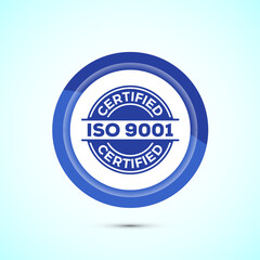 ISO 9001 certified icon design illustration, Standard quality label sign, symbol, Blue Color Button Design