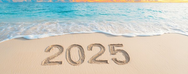 The image shows the year "2025" written in sand on a beach, with gentle waves lapping at the shore under a bright sky.