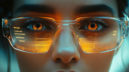 Close-up of a personal face, wearing smart glasses with a glowing holographic interface projected in front of them, displaying futuristic digital information